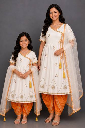 Mother daughter orange printed cotton silk angrakha kurta and dhoti set