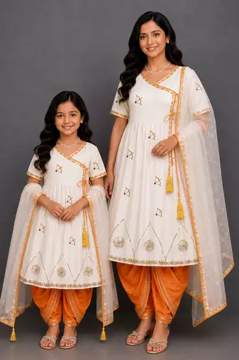 Mother daughter orange printed cotton silk angrakha kurta and dhoti set