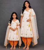 Mother daughter orange printed cotton silk angrakha kurta and dhoti set