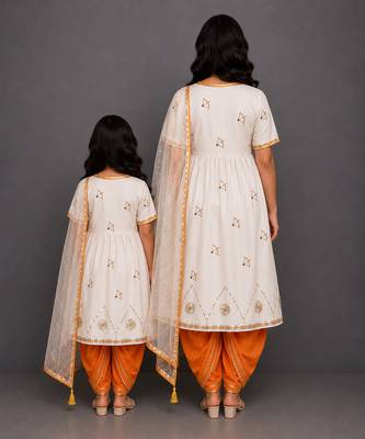 Mother daughter orange printed cotton silk angrakha kurta and dhoti set 2