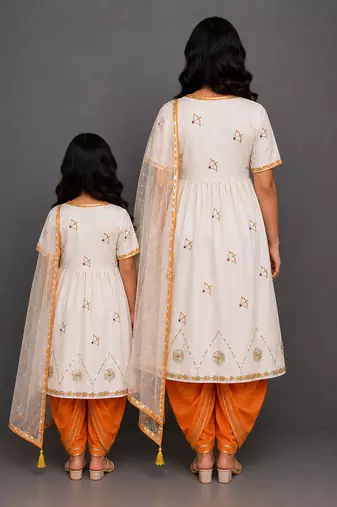 Mother daughter orange printed cotton silk angrakha kurta and dhoti set