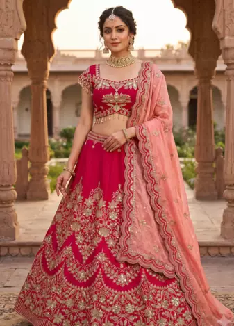 Royal Rani Pink Bridal Lehenga Choli with Heavy Embroidery & Blush Pink Dupatta