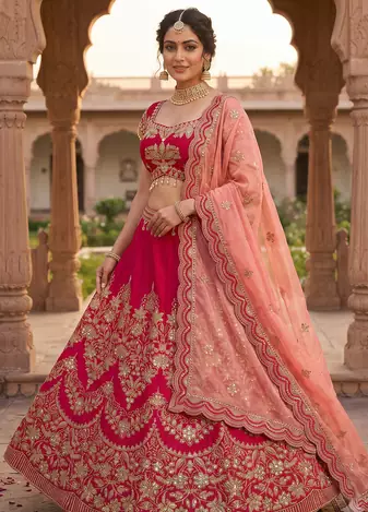 Royal Rani Pink Bridal Lehenga Choli with Heavy Embroidery & Blush Pink Dupatta