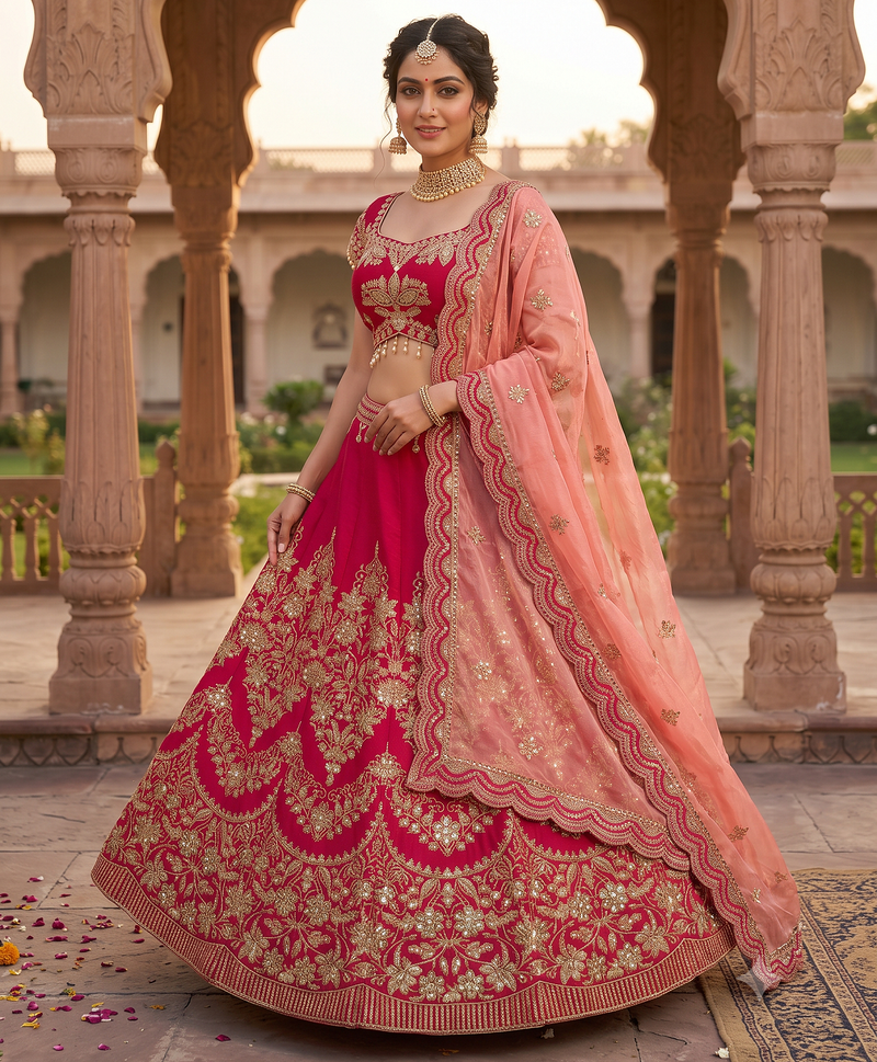 Royal Rani Pink Bridal Lehenga Choli with Heavy Embroidery & Blush Pink Dupatta