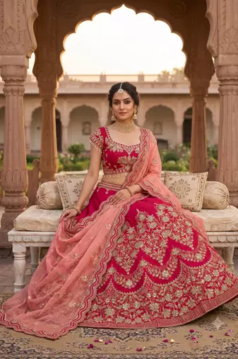 Royal Rani Pink Bridal Lehenga Choli with Heavy Embroidery & Blush Pink Dupatta