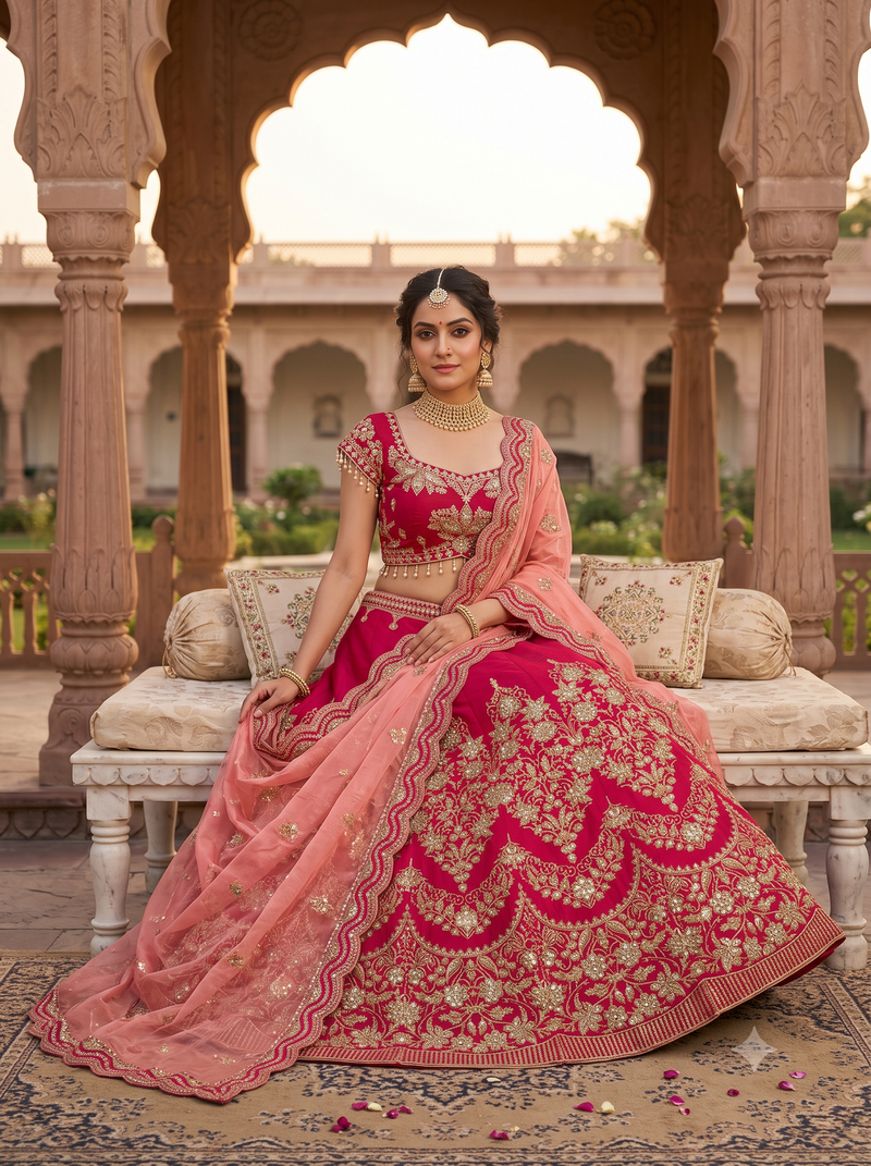 Royal Rani Pink Bridal Lehenga Choli with Heavy Embroidery & Blush Pink Dupatta