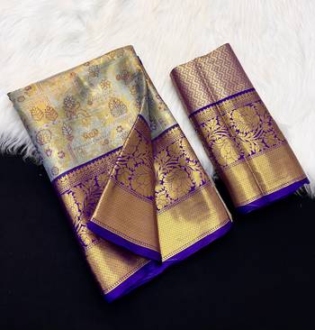 blue woven kanchipuram silk blend saree with blouse piece 1