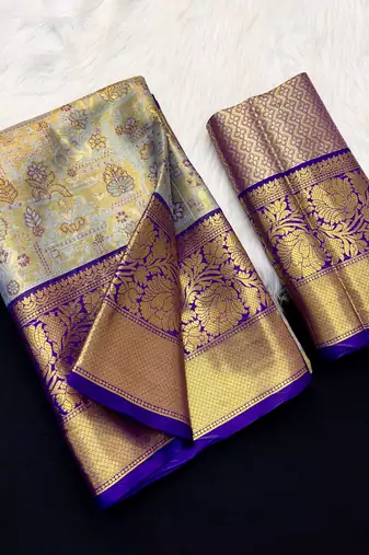 blue woven kanchipuram silk blend saree with blouse piece
