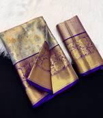 blue woven kanchipuram silk blend saree with blouse piece