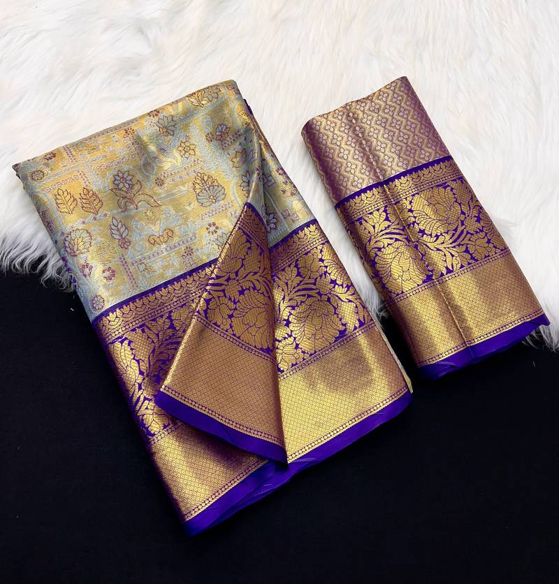 blue woven kanchipuram silk blend saree with blouse piece