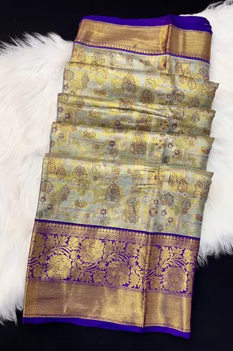 blue woven kanchipuram silk blend saree with blouse piece
