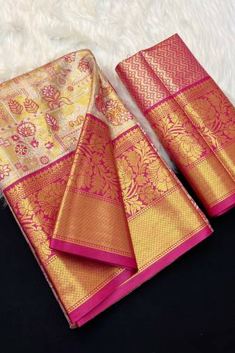 dark pink woven kanchipuram silk blend saree with blouse piece