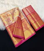 dark pink woven kanchipuram silk blend saree with blouse piece