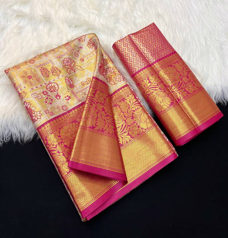dark pink woven kanchipuram silk blend saree with blouse piece