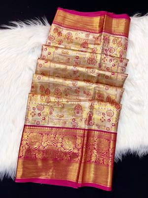 dark pink woven kanchipuram silk blend saree with blouse piece 2