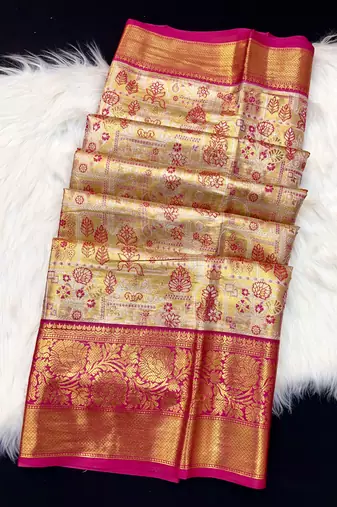 dark pink woven kanchipuram silk blend saree with blouse piece