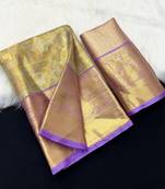 green woven kanchipuram silk blend saree with blouse piece