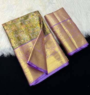 olive green woven kanchipuram silk blend saree with blouse piece 1