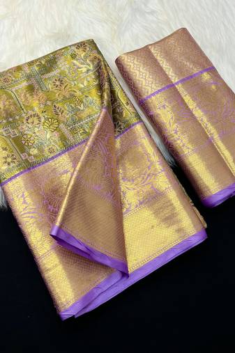 olive green woven kanchipuram silk blend saree with blouse piece