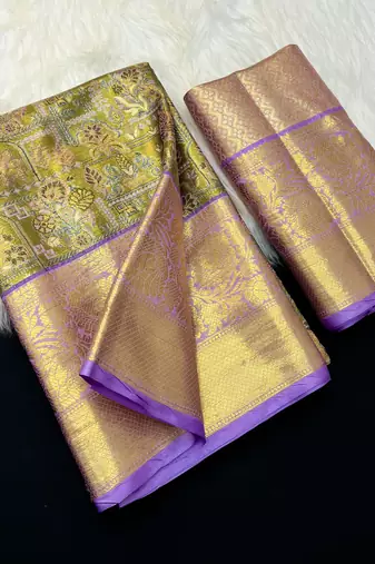 olive green woven kanchipuram silk blend saree with blouse piece