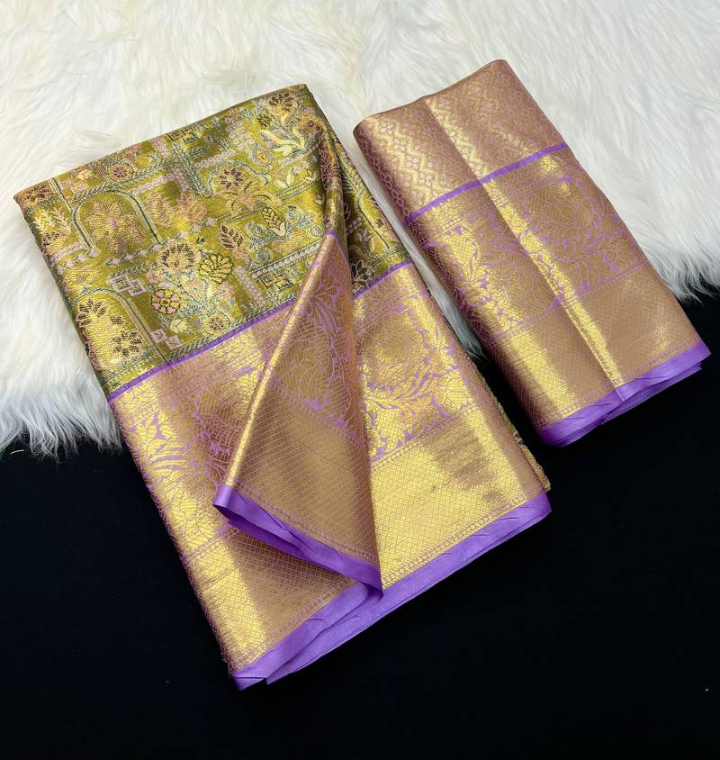 olive green woven kanchipuram silk blend saree with blouse piece
