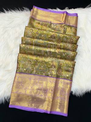 olive green woven kanchipuram silk blend saree with blouse piece 2