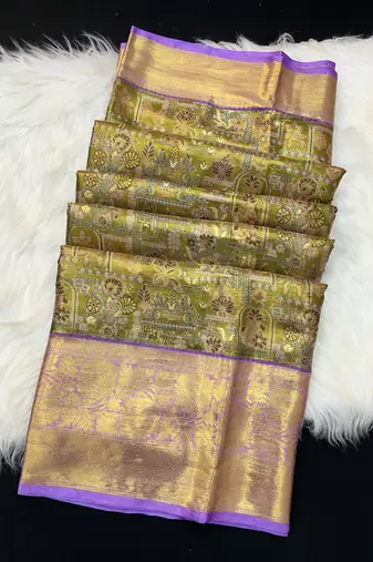 olive green woven kanchipuram silk blend saree with blouse piece