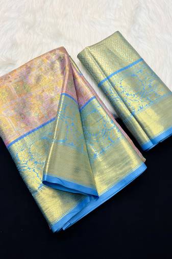 pink woven kanchipuram silk blend saree with blouse piece