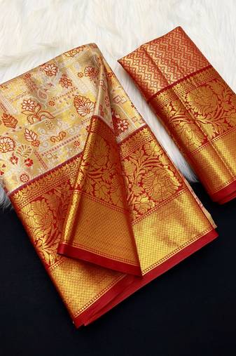 red woven kanchipuram silk blend saree with blouse piece