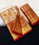 red woven kanchipuram silk blend saree with blouse piece