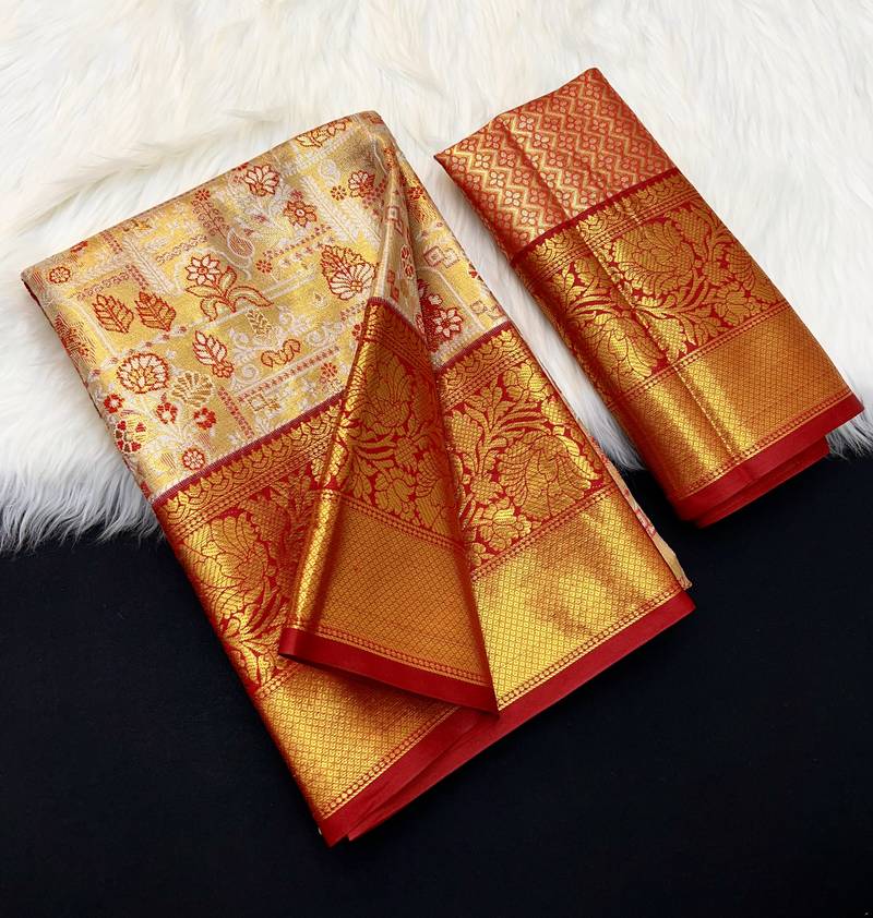 red woven kanchipuram silk blend saree with blouse piece