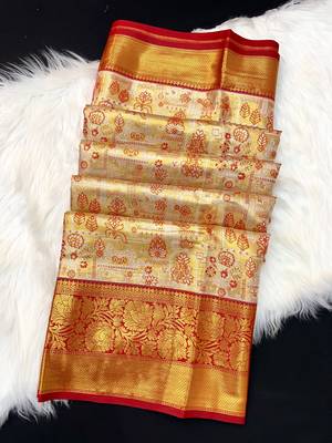 red woven kanchipuram silk blend saree with blouse piece 2