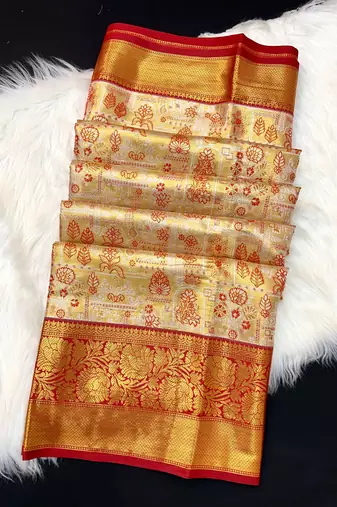 red woven kanchipuram silk blend saree with blouse piece