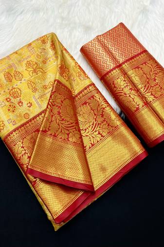 yellow woven kanchipuram silk blend saree with blouse piece