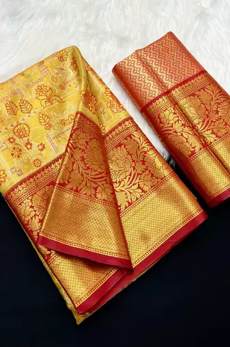 yellow woven kanchipuram silk blend saree with blouse piece