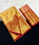 yellow woven kanchipuram silk blend saree with blouse piece