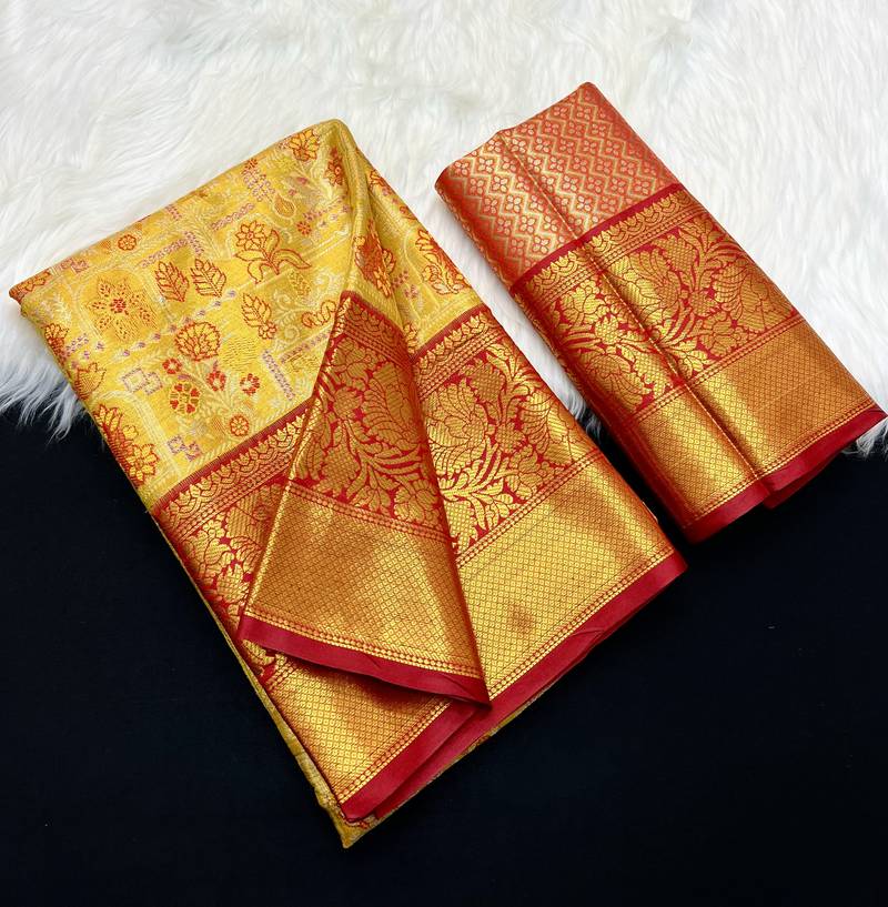 yellow woven kanchipuram silk blend saree with blouse piece