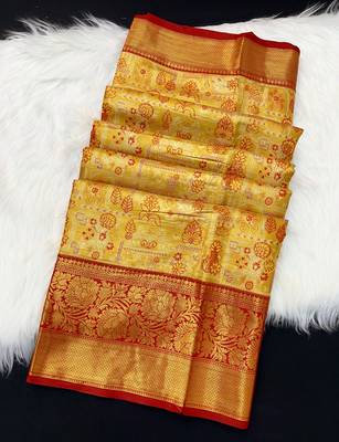 yellow woven kanchipuram silk blend saree with blouse piece 2