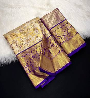 cream woven kanchipuram silk blend saree with blouse piece 1