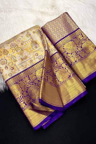 cream woven kanchipuram silk blend saree with blouse piece