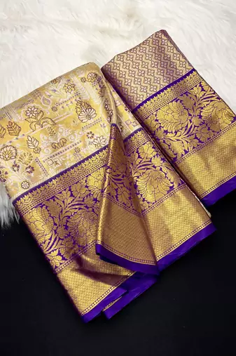 cream woven kanchipuram silk blend saree with blouse piece