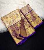 cream woven kanchipuram silk blend saree with blouse piece