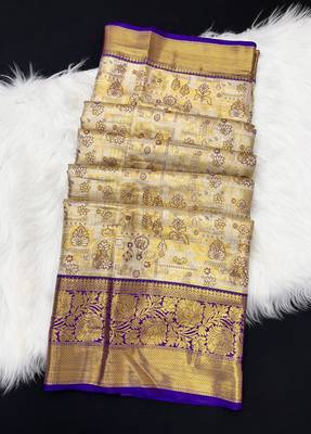 cream woven kanchipuram silk blend saree with blouse piece 2