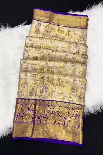 cream woven kanchipuram silk blend saree with blouse piece
