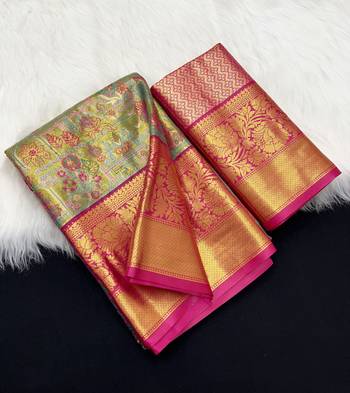 olive green woven kanchipuram silk blend saree with blouse piece 1