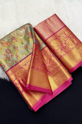 olive green woven kanchipuram silk blend saree with blouse piece