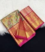 olive green woven kanchipuram silk blend saree with blouse piece