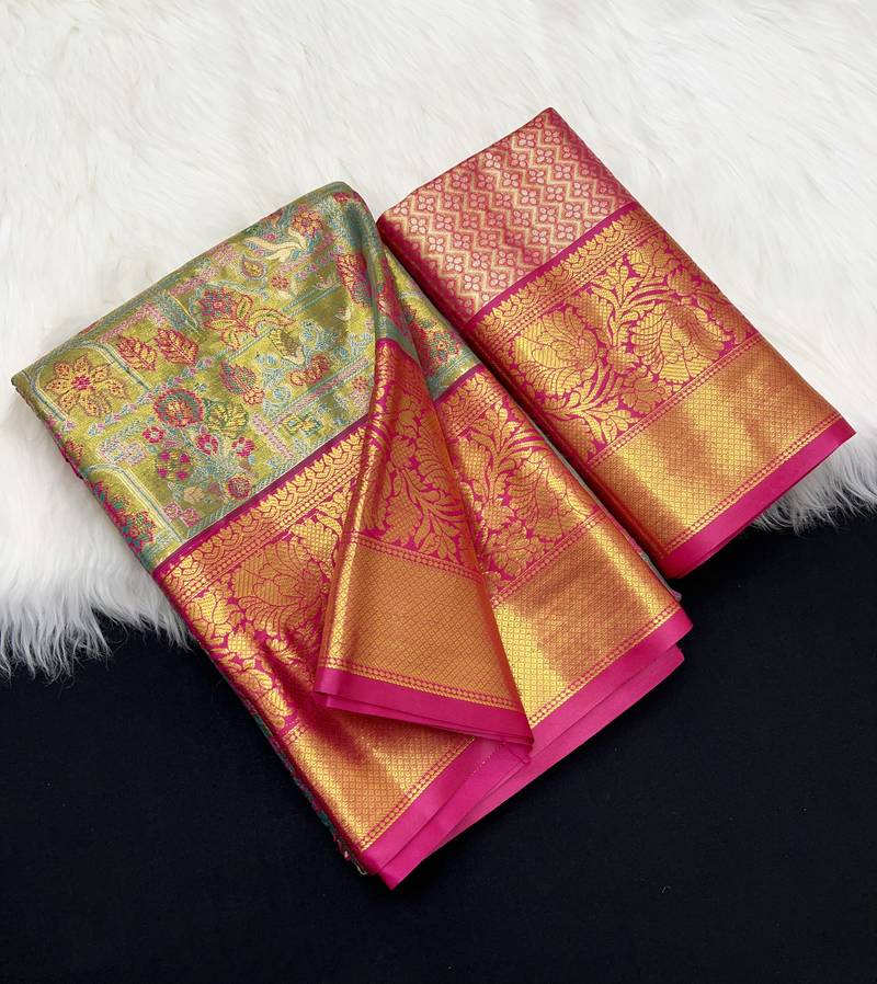 olive green woven kanchipuram silk blend saree with blouse piece