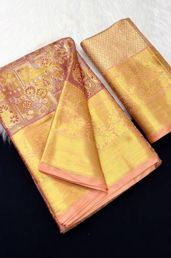 peach woven kanchipuram silk blend saree with blouse piece