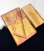 peach woven kanchipuram silk blend saree with blouse piece